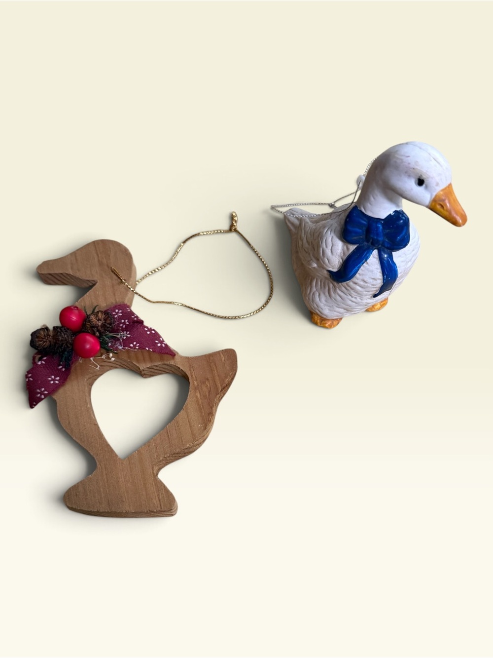 Vintage Enesco Wooden Goose Ornament & Plastic Blue Bow Goose Set